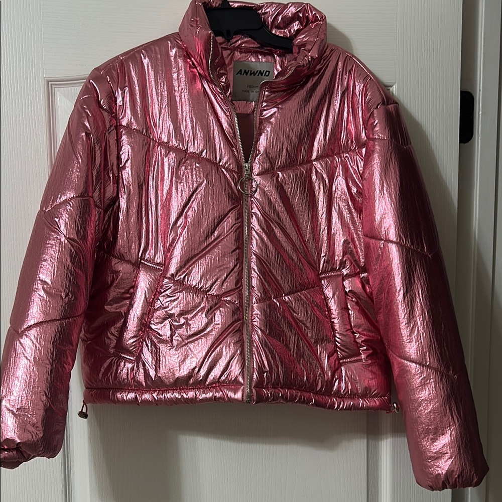 Metallic Pink Puffer Jacket with Quilted Design